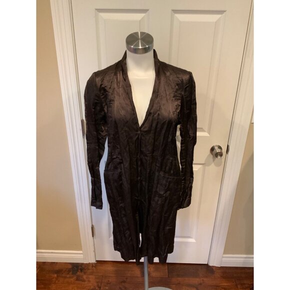 Eileen Fisher Long Brown Silky Snap Button-Up Jacket W/ Rear Vent, Size Medium - Picture 1 of 7